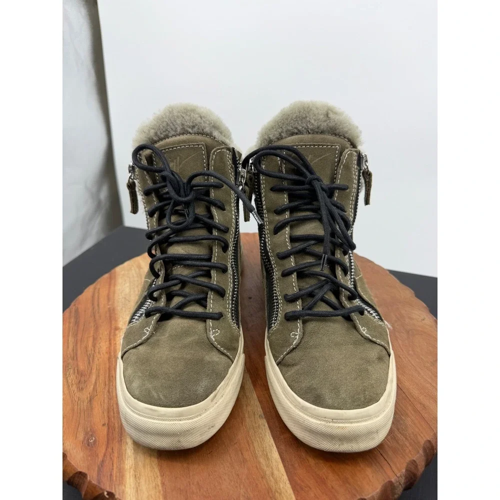 Giuseppe Zanotti Shearling Suede High Top Sneaker Womens 37 7 Olive Green Zipper